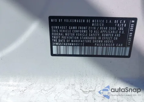 2021 Volkswagen Golf 1.4T Tsi z USA, uszkodzony, nr VIN 3VWG57AU9MM005112